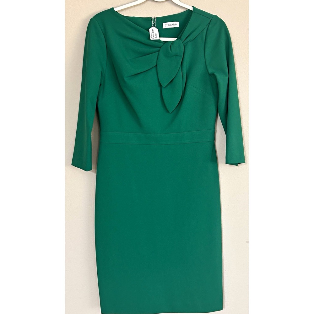 Calvin Klein Green Sheath Dress 8 Round Neck 3/4 Sleeve Bow Zip Knit